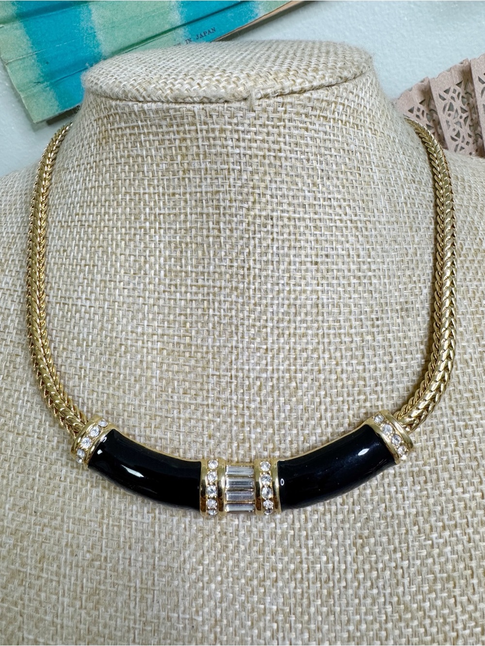 Monet Gold Gilt Choker Necklace with Black Enamel and Crystal Accents 1980’s